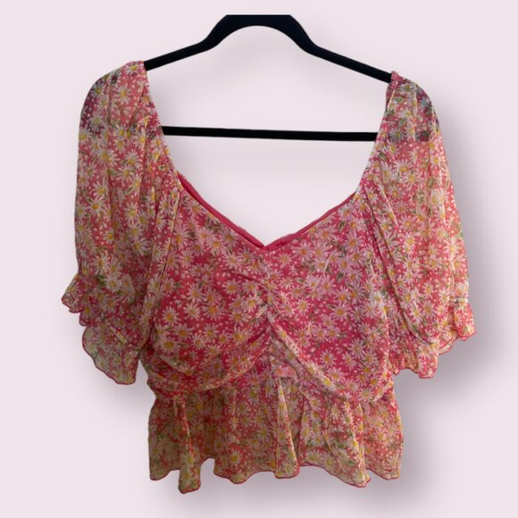 Coquette Floral Puff Sleeve Chic Girly Modern Party Work Summer Chic Blouse Top - Picture 1 of 6